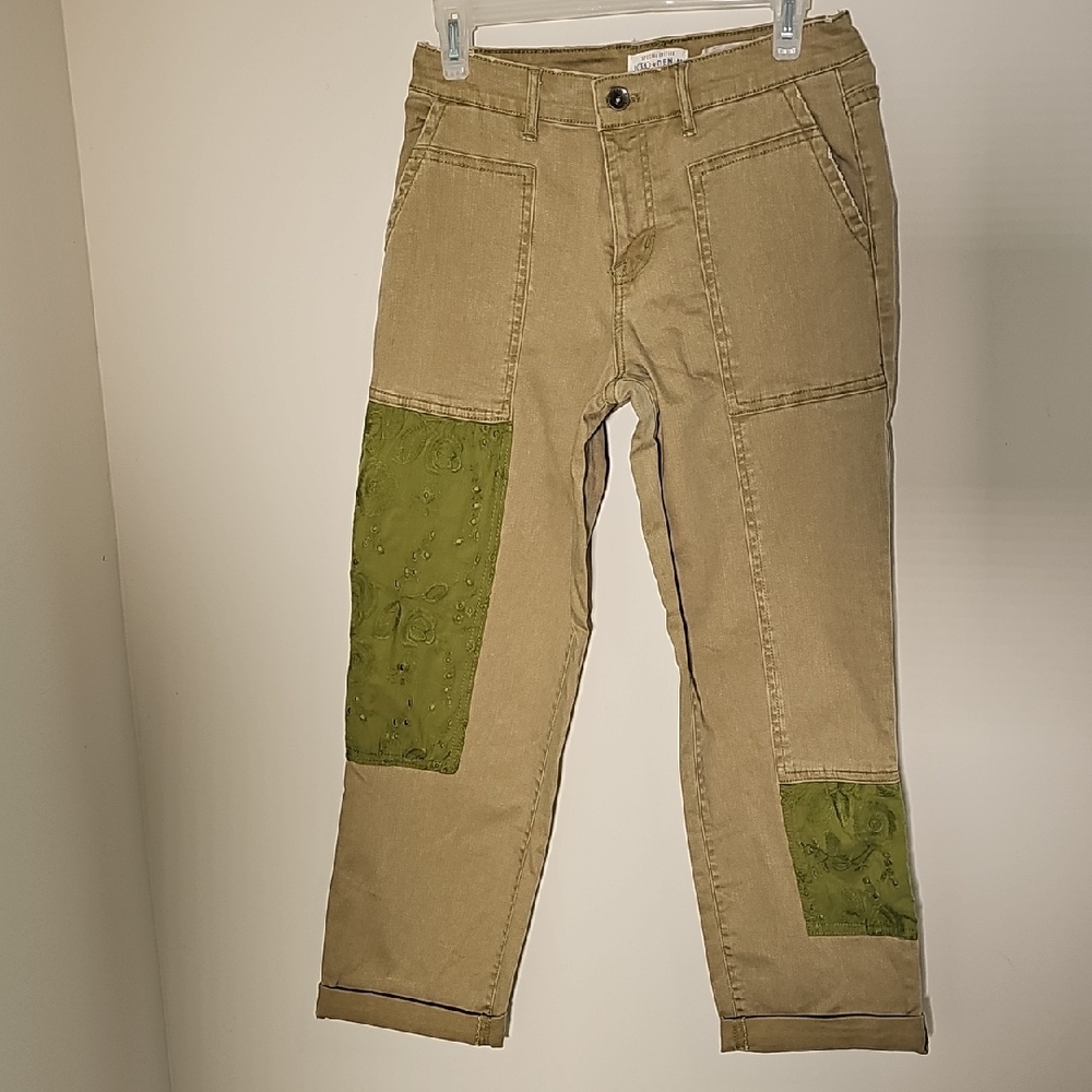 Womens Khaki and Green Patchwork Pants. By LOGO DENIM. SIZE 4. BOYFRIEND JEANS